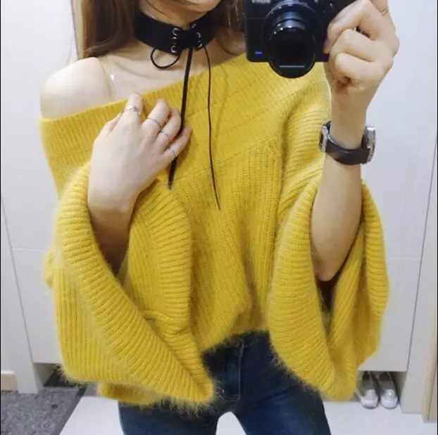 Sexy Womens Loose Fit Off Shoulder Faux Fur Sweater Warm Pullover Cashmere Tops