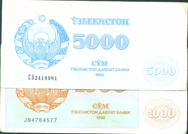 Uzbekistan Lot 2 Notes 5000-1000 Coupon 1992. Vf Condition. Very Rare.