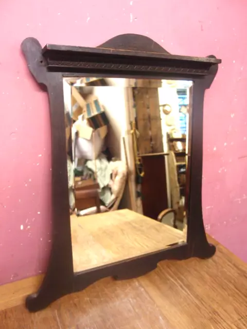 Antique Edwardian Oak Framed Arts & Crafts Design Bevelled Glass Wall Mirror