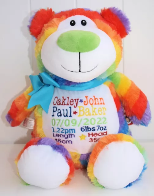 Personalised Soft Toy /Cubbie | Rainbow Hugs Birth Announcement Bear | Name Bear