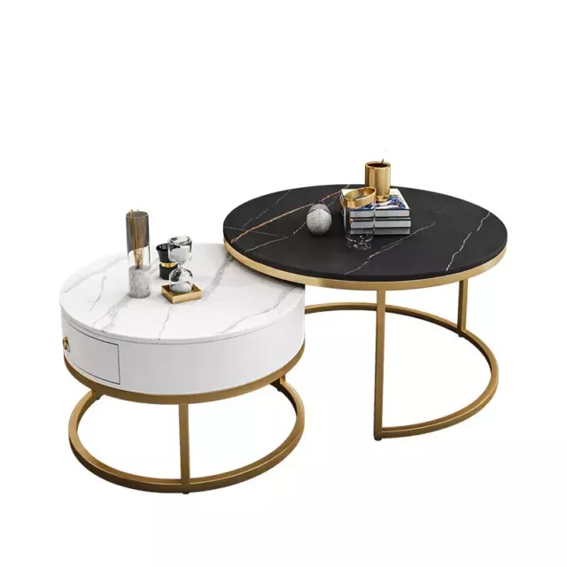 Redondo Mesita Baja Set Oro Blanco Negro Mármol Mesa de Salón 2 Unidad