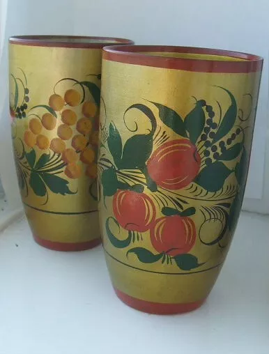 Pair Of Vintage Russian / Ussr Khokhloma Wooden Hand Painted Goblets