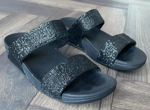 Fitflop Electra Micro Suede Slider Black Sequin Size 6 Double Strap Sandal VGC