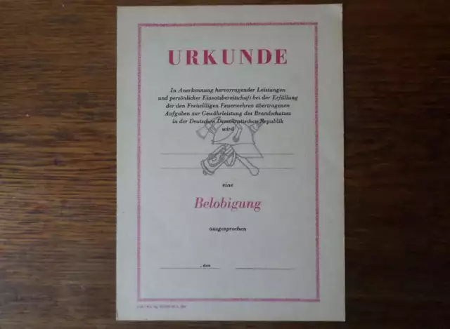 DDR Feuerwehr - URKUNDE BELOBIGUNG Einsatzbereitschaft / Hervorrag. Leistungen