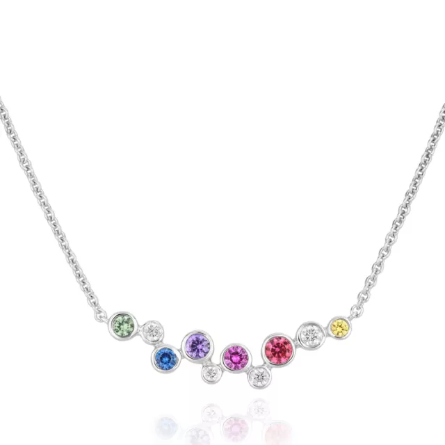 14Ct White Gold Over Rainbow Sapphire And Diamond Bubble With 18" Chain Necklace