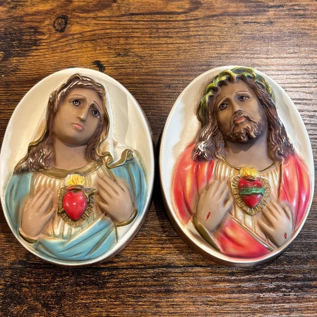 ANTIQUE VINTAGE 1960S Jesus And Virgin Mary Wall Decor Plaques