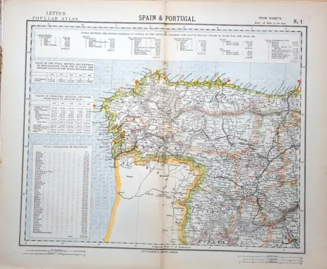 1882 Letts Map North West Spain & Portugal Provinces Imports Exports Trade