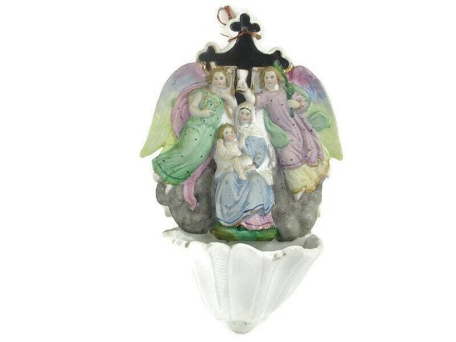 porcelain Bisque Holy Water Font Vessel Virgin Mary and Infant Jesus  Angels Wal