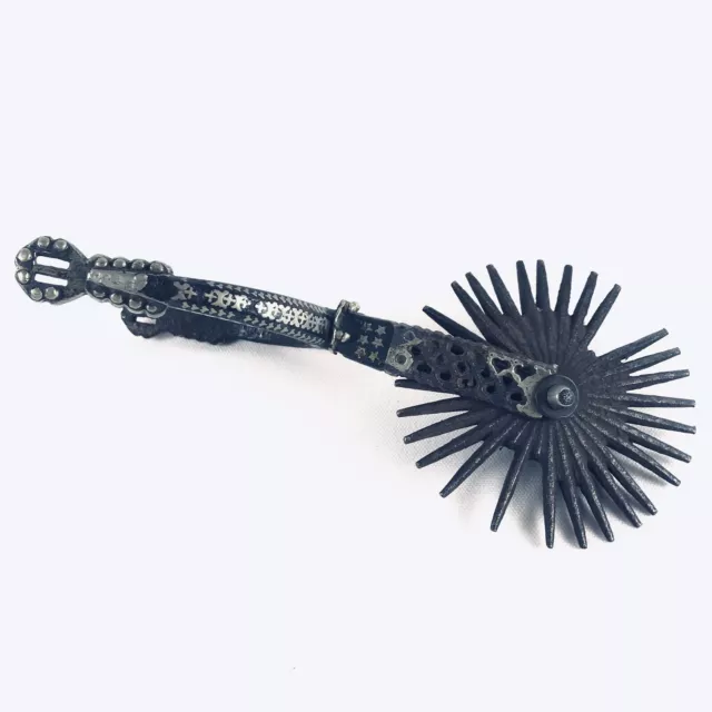 Antique Mexican Spanish Forged Steel Silver Inlay Spur Wild West Horse Riding