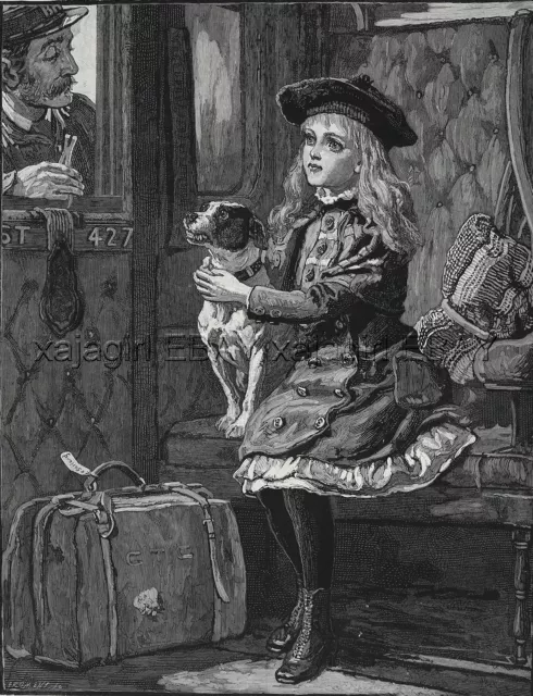 Dog Rat Terrier Guards Girl From Train Conductor, Large 1880s Antique Print