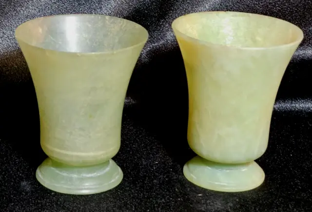 Two Antique Chinese Spinich Jade Footed Wine Cups