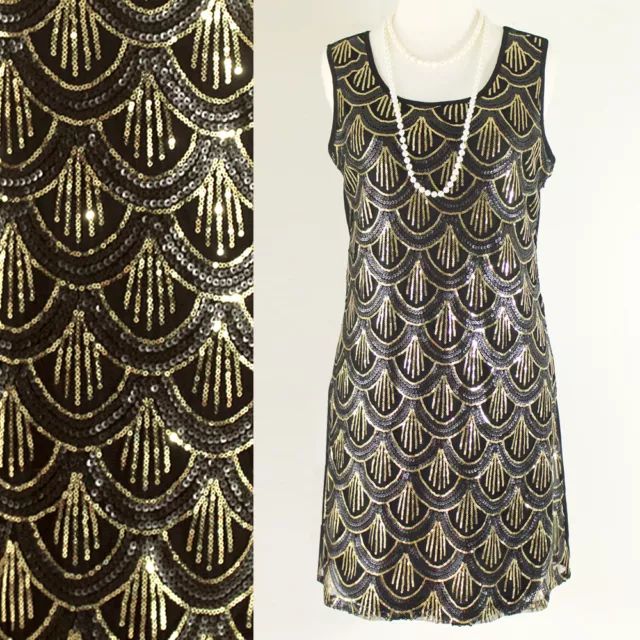 SIZE S-XL GREAT GATSBY 1920s BLACK GOLD SEQUIN DECO CHARLESTON FLAPPER DRESS 2