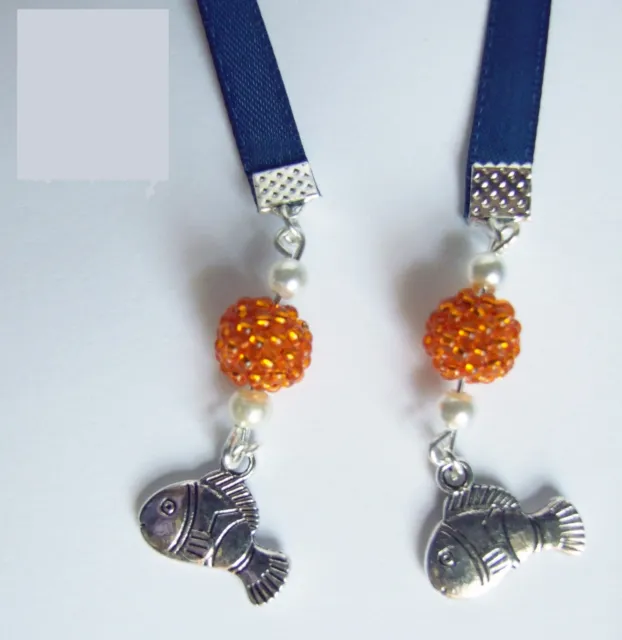 Clown Fish Charms Beaded Blue Ribbon Bookmark Handcrafted Book Thong