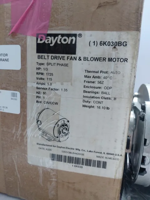Dayton 6K030BG Belt Drive Fan and Blower Motor 1725 RPM 115V 5.8A 2