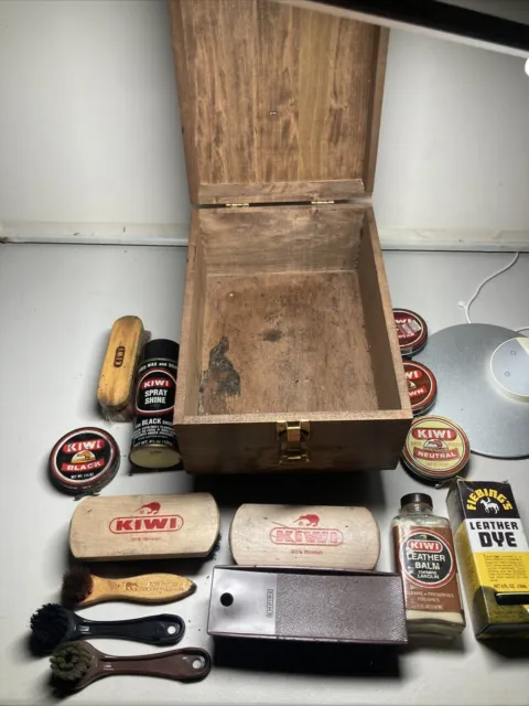 Kiwi Hand Crafted Shoe Groomer Brown Wooden Shoe Shine Kit - Used Needs Cleaning