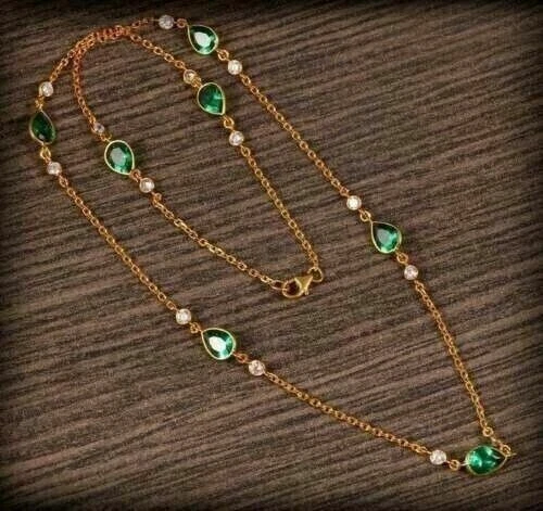 10K Yellow Gold Over Colombian Emerald & Diamond Lariat By the Yard 18" Necklace 10K Yellow Gold Over Colombian Emerald & Diamond Lariat By the Yard 18" Necklace