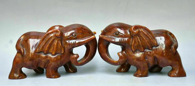 6.4" Old Chinese Red Xiu Jade jadeite Carved Elephant Lucky Animal Statue Pair X