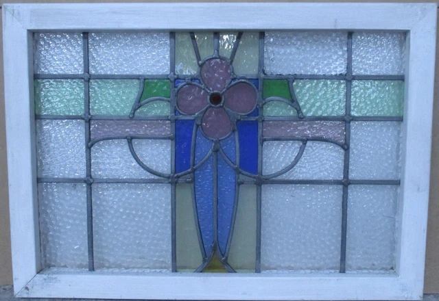 OLD ENGLISH LEADED STAINED GLASS WINDOW TRANSOM Beautiful Floral 25" x 17.5"