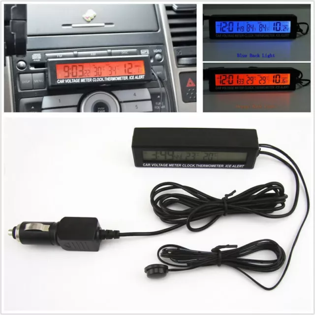 12V Digital LCD Car Thermometer Clock Time Voltmeter Gauge Orange&Bule Backlight