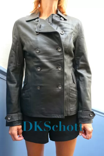 Veste Cuir Femme Schott à boutons argentés - taille M et XL - Couleur Noir 