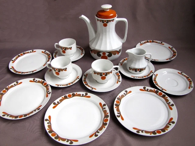 Service à Dessert Eschenbach 12 Assiettes, Porcelaine Blanche Et Or Fin, Motif Années 60