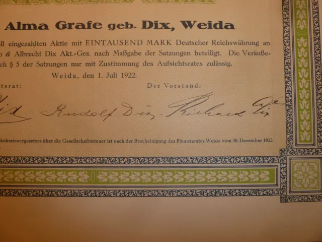 D: Otto & Albrecht Dix, Weida, 1922, Namensaktie ohne Entwertung, 1000 M, FELLE 2