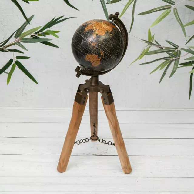 Vintage Black Rotating World Globe Atlas With Wooden Tripod Home/office Decor