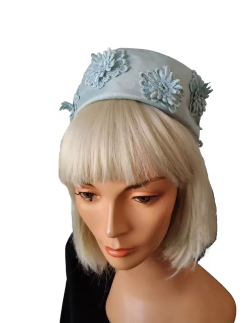 60,S Pretty Blue Pillbox Hat With Embr Flowers By Pauline,s