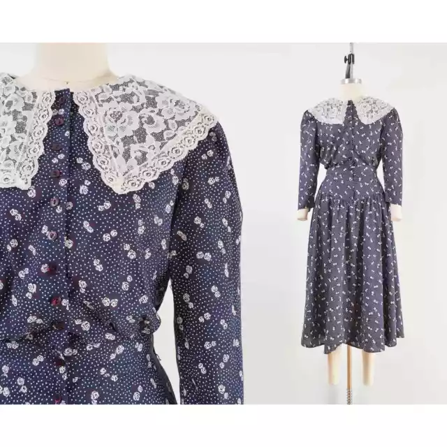 Vintage 80s Navy Floral Polka Dot Lace Collar Cottagecore Midi Dress Pockets S M