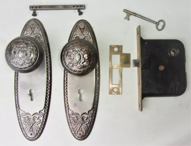 Antique Door Set Victorian / Eastlake Backplate Knob Mortise Lock Key Reclaimed