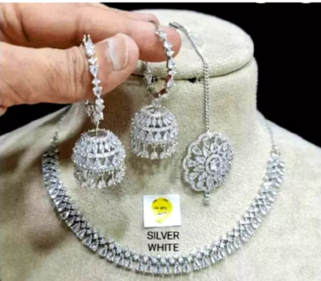 Designer Indian Bollywood Silver Plated White CZ Necklace Jhumka Tika Set