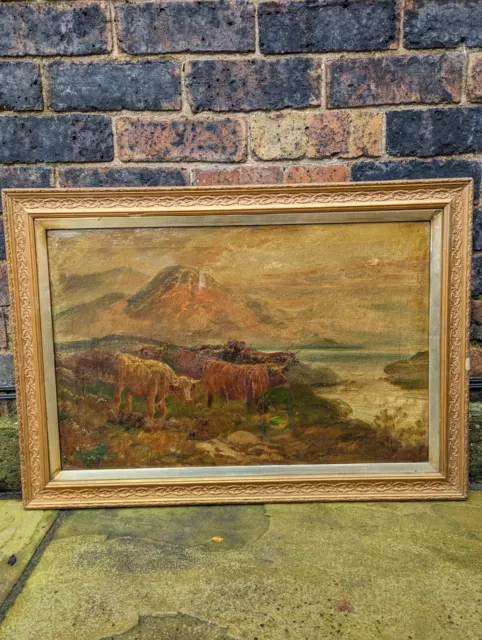 Large 19th Century Oil On Canvas Highland Cows Cattle Landscape Antique Painting