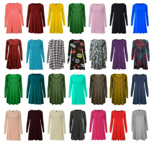 New Ladies Womens Long Sleeve Flared A Line Skater Swing Dress Top UK Size 8-26