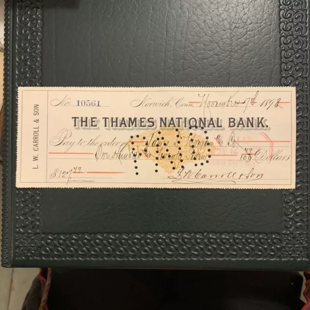 62776 1898 Thames National Bank Revenue Stamp Check Very Fresh Clean