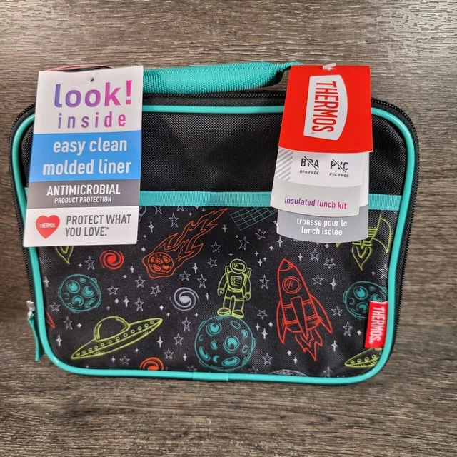 Thermos Lunch Box Bag NWT Space Planets Rocket Ship Black Antimicrobial Liner