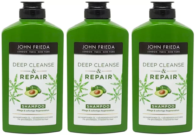 3x John Frieda Shampoo REPAIR 250ml Deep Clean Hanfsamen-Öl Avocado