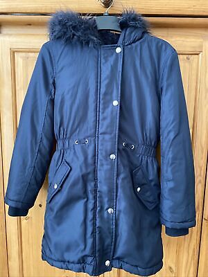 Girls Navy Bluezoo Faux fur lined Winter Coat Age 11-12 With Hood