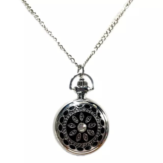 Silver Tone 30mm Black Flower w/ Rhinestone Locket Pocket Watch Long Chain