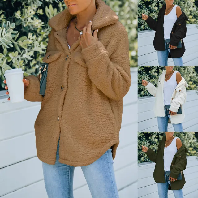 Women Teddy Bear Fleece Jacket Coat Winter Warm Fluffy Fur Bomber Outwear Tops