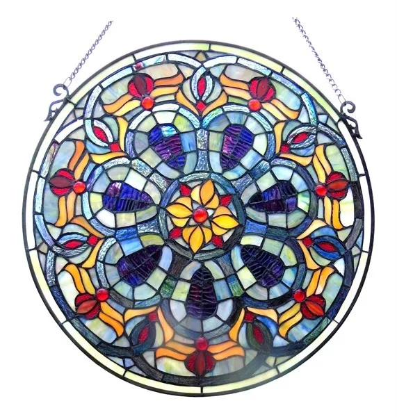 Stained Glass Tiffany Style Window Panel Handcrafted 20" Round Victorian Design