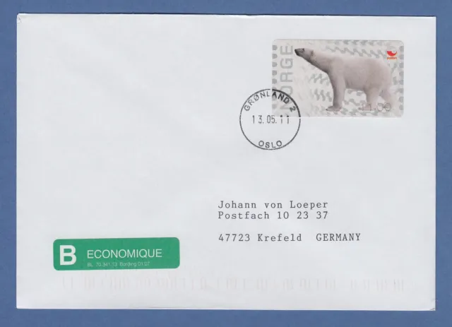 Norwegen 2008 ATM Eisbär Mi.-Nr. 13e Wert 11,00 auf B-Post-Brief nach Krefeld