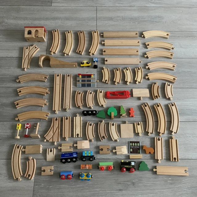 GRANDE PACCHETTO BINARIO MISTO LEGNO 79 articoli lotto 22 ponte albero treno Thomas BRIO ECC