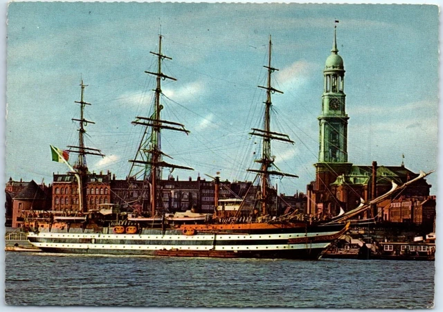 Postcard - "Amerigo Vespucci" at the "Überseebrücke" - Hamburg, Germany