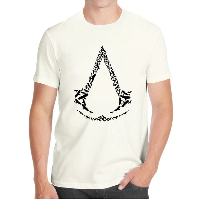 T-shirt bianca gamer assassins maglia simbolo gaming videogioco disegno corvi