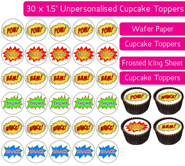 30 Obleas Comic Pow Comestibles Y Cupcakes De Hielo Toppers Fiesta Infantil Superhéroe