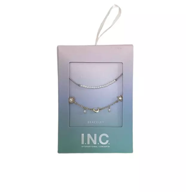 Inc International Gold Silver Tone Imitation Pearl 2 Pcs Beaded Bracelet 9" Nib