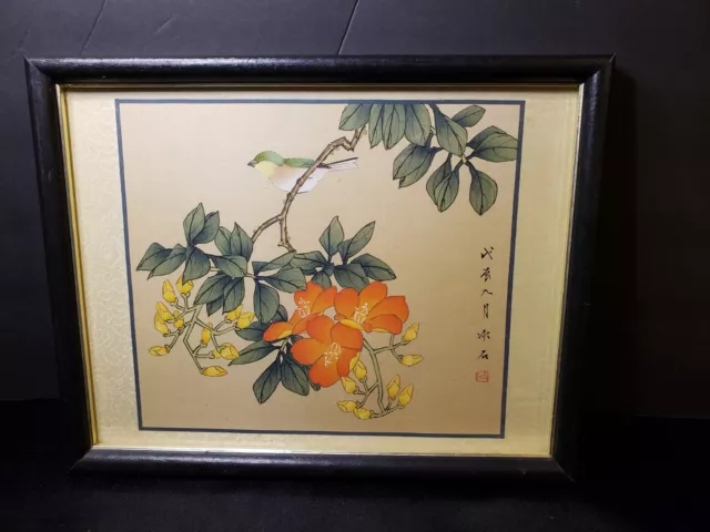 Asian Artist Signed Painting On Fabric Silk With Ribbon Trim Bird Flowers