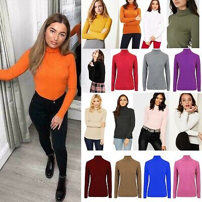 Womens Ladies High Roll Neck Fine Jumper Sweater Long Sleeve Polo Ribbed Top