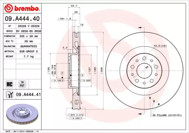 2x Bremsscheibe PRIME LINE BREMBO 09.A444.40 für OPEL FIAT 500L X12 COMBO DOBLO