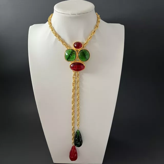 Gripoix Glass Necklace Bolo Lariat Gold Tone Red Green Sautoir Runway Statement